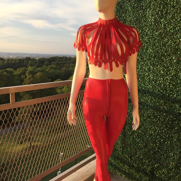 Leather Caged Harness Latex Pantsuit-Red (Small/4) - Picture 1 of 7